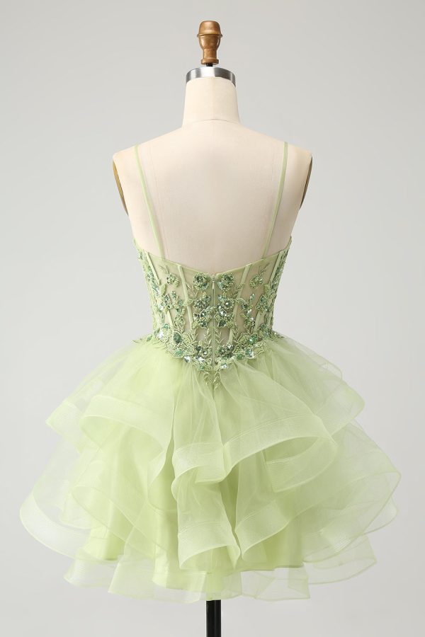 Light Green A-Line Tulle Tiered Homecoming Dress with Appliques Cheap