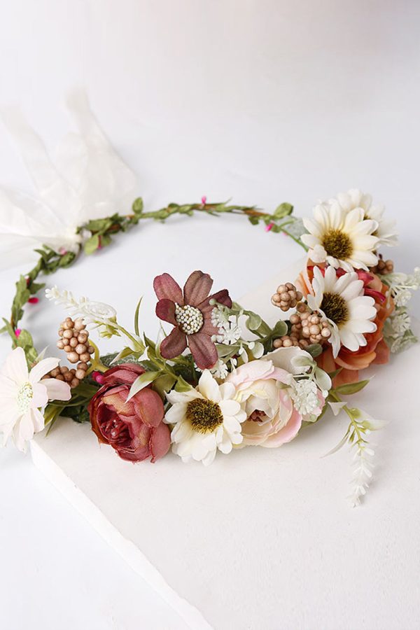 Blush Floral Bride Hair Wreath with Ribbon on Sale