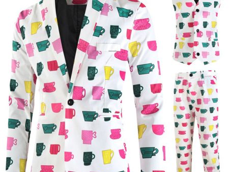 White Colorful Mug Christmas Print Men s Party Suits For Discount