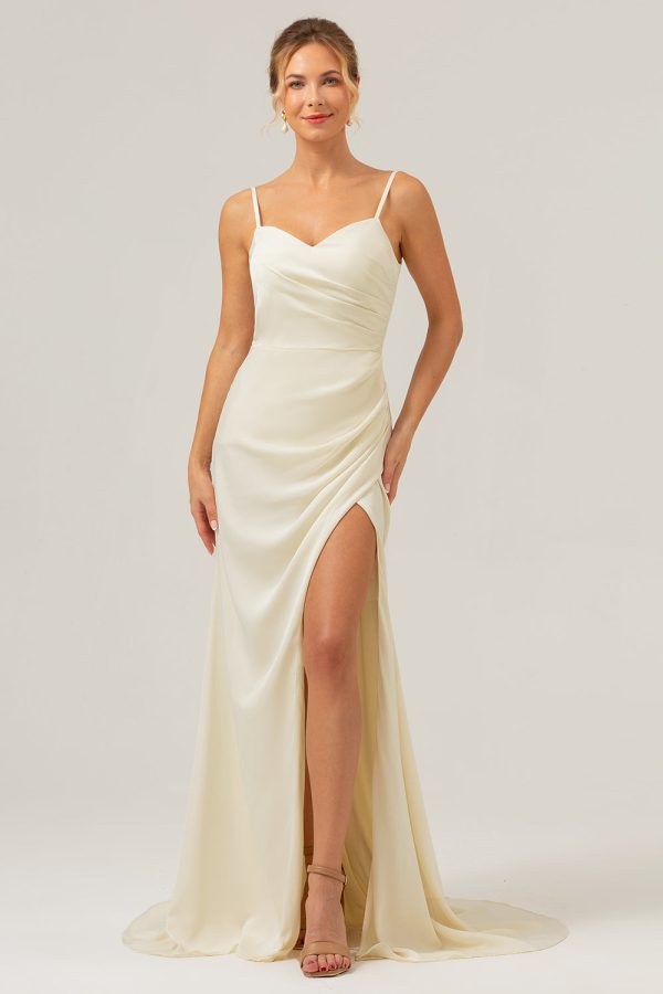 Ivory Sheath Spaghetti Straps Ruched Long Satin Bridesmaid Dress With Slit Online now