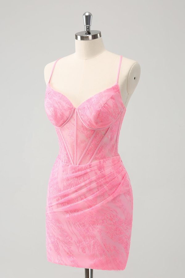 Pink Spaghetti Straps Tight Corset Homecoming Dress with Lace Up Back Cheap