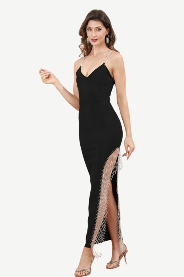 Spaghetti Straps Black Party Dress with Fringes For Cheap