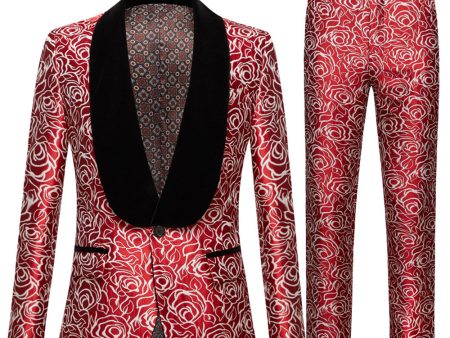 Red Shawl Lapel Printed 2 Piece Men s Suit Online Sale