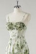 Green Flower A-Line Spaghetti Straps Ruched Corset Long Bridesmaid Dress Discount