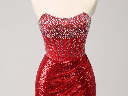 Sparkly Red Strapless Corset Sequined Beaded Tight Homecoming Dress with Slit For Cheap