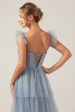 Detachable Straps A Line Tiered Long Dusty Blue Bridesmaid Dress Cheap