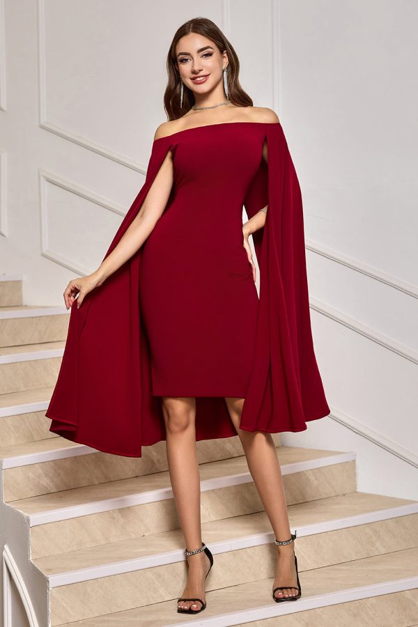 Burgundy Bodycon Off the Shoulder Midi Cocktail Dress With Cape Sleeves Online Hot Sale