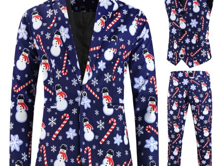 Navy Snowmen Printed 3 Pieces Men s Christmas Suits Fashion