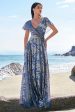 Grey Blue A-Line V Neck Burnout Velvet Printed Long Bridesmaid Dress For Discount