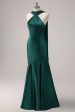 Dark Green Halter Satin Mermaid Bridesmaid Dress with Streamer Cheap