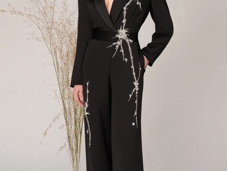 Black Shawl Lapel Satin Long Sleeves Formal Jumpsuits with Beading For Discount