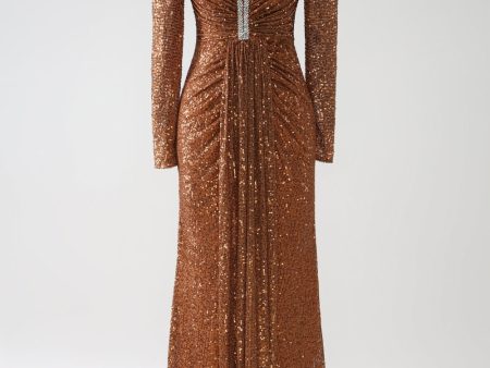 Sparkly Coffee V-Neck Sheath Sequins Long Prom Dress Supply