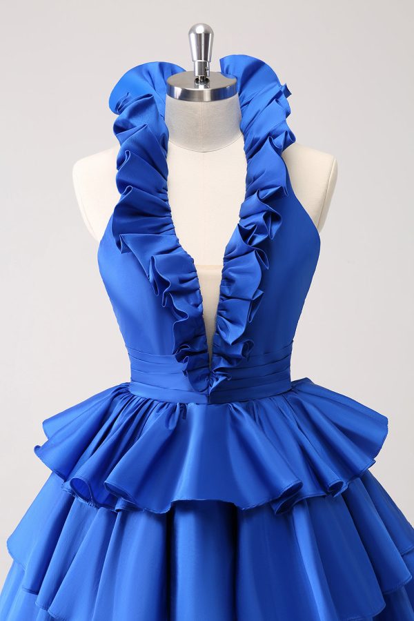 Royal Blue A-Line Halter Tiered Short Homecoming Dress with Ruffles Discount