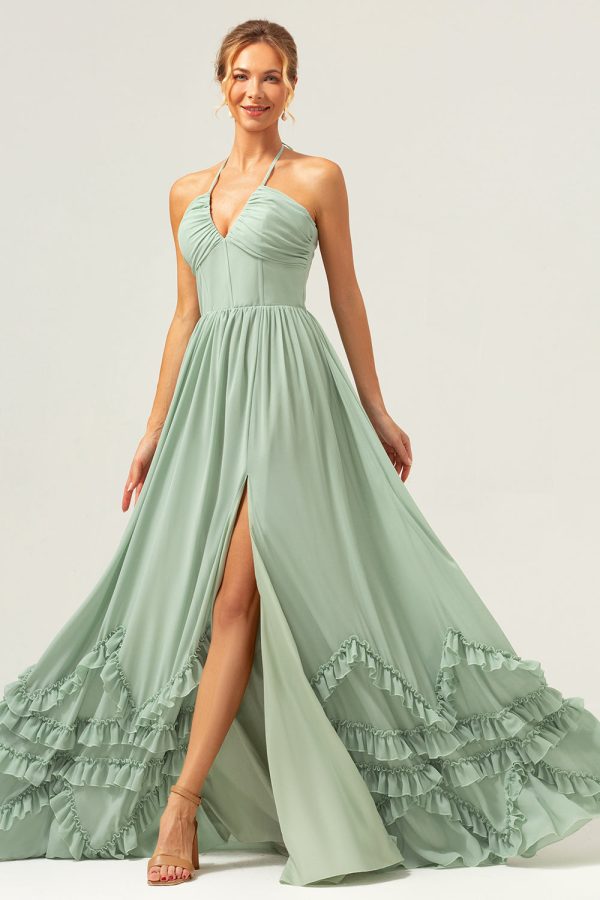 Dusty Sage Halter Corset Ruffled Long Bridesmaid Dress with Slit Discount