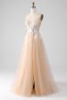 A-Line Champagne Strapless Corset Prom Dress with Appliques Hot on Sale