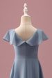 Dusty Blue Chiffon V Neck Wrap Short Junior Bridesmaid Dress with Flutter Sleeves Discount