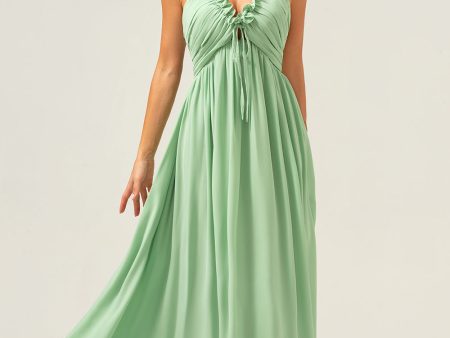 Light Green A Line Halter Backless Long Bridesmaid Dress with Lace Up Back Supply