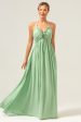 Light Green A Line Halter Backless Long Bridesmaid Dress with Lace Up Back Supply