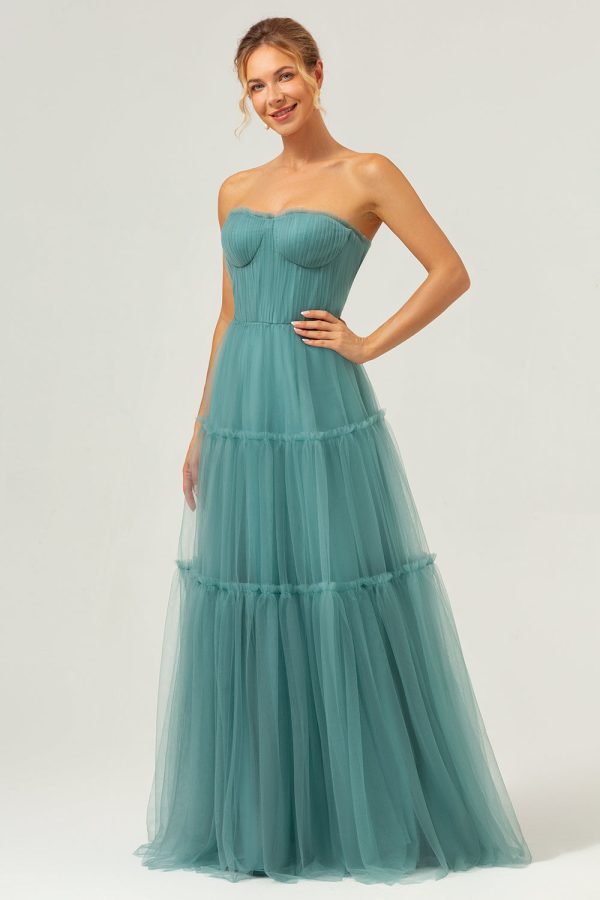 Eucalyptus Strapless Corset Tulle A-Line Bridesmaid Dress Cheap