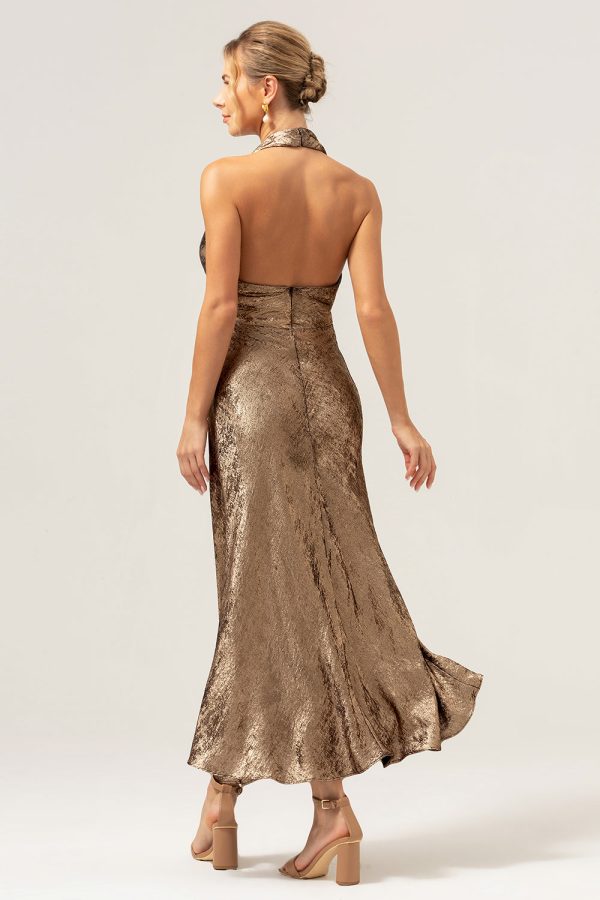 Golden Mermaid Halter Neck Backless Tea Length Bridesmaid Dress Online