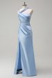 Elegant Sky Blue Sheath Pleated Satin Long Bridesmaid Dress With Slit For Cheap