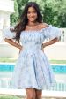 Sky Blue A Line Square Neck Print Floral Ruffle Short Homecoming Dress with Puff Sleeves Online