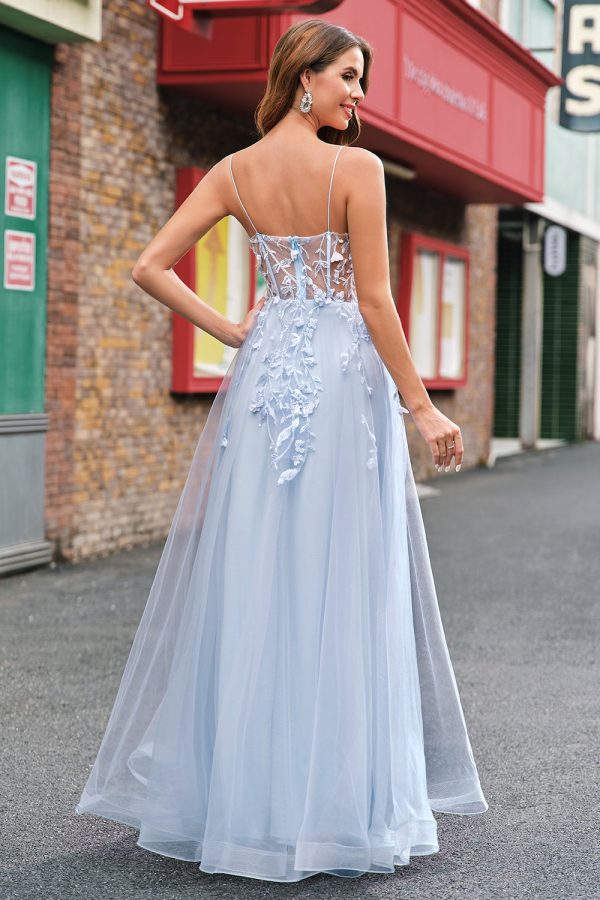 A Line Tulle Spaghetti Straps Corset Applique Blue Prom Dress with Slit Online