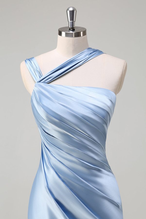 Elegant Sky Blue Sheath Pleated Satin Long Bridesmaid Dress With Slit For Cheap