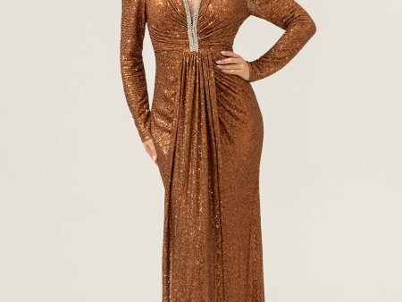 Sparkly Coffee Sheath V-Neck Sequins Long Prom Dress Supply