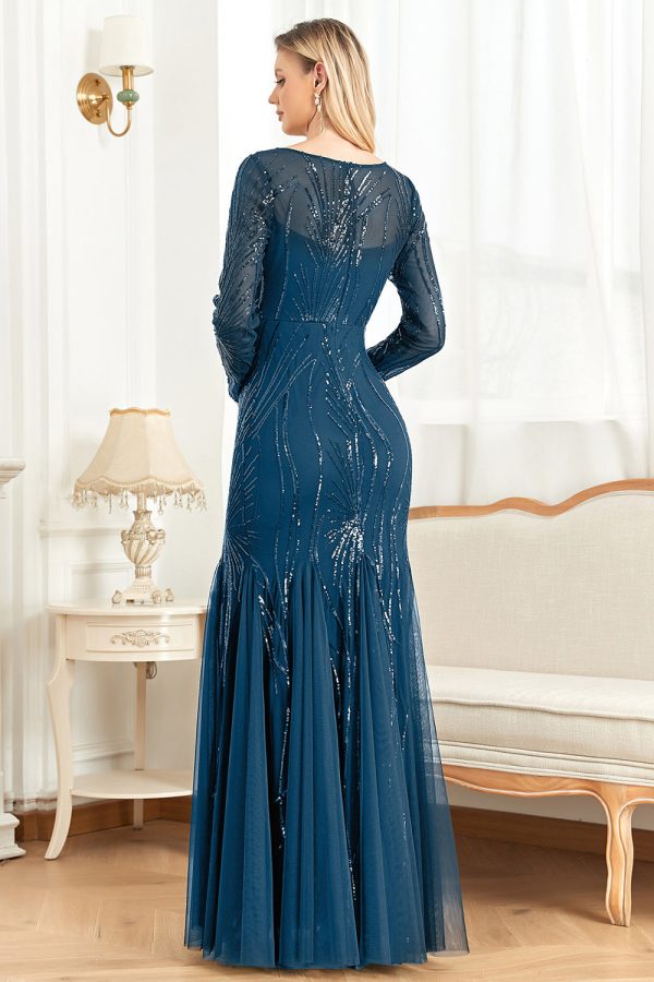 Sparkly Ink Blue Appliques Beads Long Sleeves Round Neck Mother Of The Bride Dress For Sale