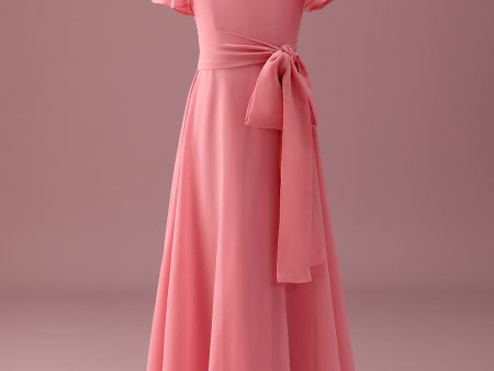 Coral Chiffon Short Sleeves A Line Junior Bridesmaid Dress with Bowknot on Sale