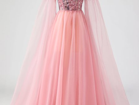 A Line Pink Cape Sleeves Off The Shoulder Sequins Formal Dress Online Sale