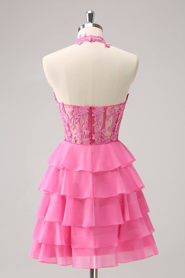 Hot Pink A Line Halter Tiered Corset Short Homecoming Dress with Ruffles Online