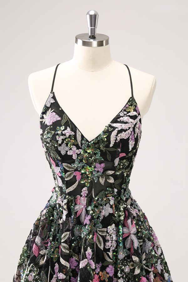 Sparkly Black A Line Floral Short Homecoming Dress with Sequins Online Sale