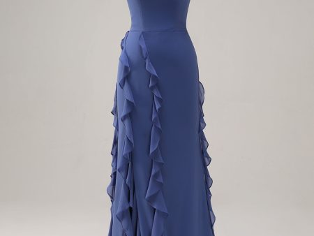 Dark Blue Bodycon Spaghetti Straps Long Bridesmaid Dress with Ruffles Slit Fashion