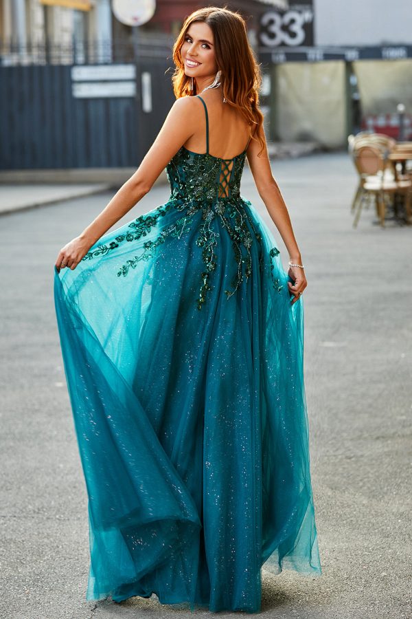 Gorgeous A Line Spaghetti Straps Dark Green Long Prom Dress with Appliques Online now