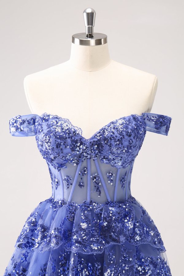 Sparkly A Line Off the Shoulder Dark Blue Corset Homecoming Dress with Ruffles Discount