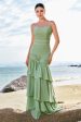 Sheath Green Floral Ruffled Chiffon Bridesmaid Dress with Lace For Sale