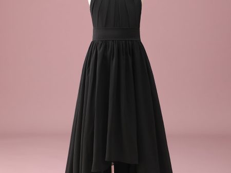 Black Round Neck A Line High Low Junior Bridesmaid Dress with Belt Online now