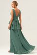 Eucalyptus A Line V Neck Corset Tiered Long Bridesmaid Dress with Slit on Sale