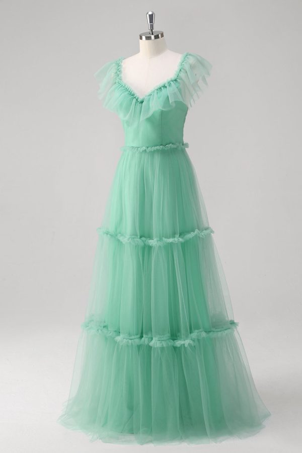 Green A Line V-Neck Tiered Tulle Bridesmaid Dress Online