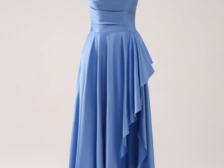 Blue Cowl Neck Satin Asymmetrical Bridesmaid Dress with Slit Discount