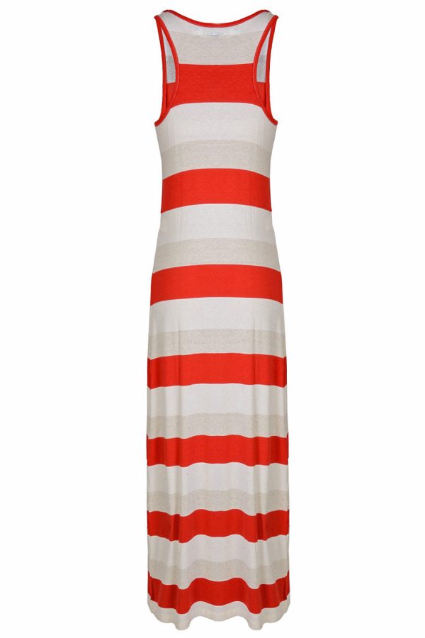 CARLOS MIELE KARLA Red and Beige Maxi Striped Dress For Sale