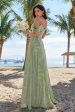 Dusty Sage Cold Shoulder A-Line Jacquard Long Bridesmaid Dress with Slit For Discount