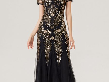 Black Golden Sequins Long 1920s Dress with Short Sleeves For Discount