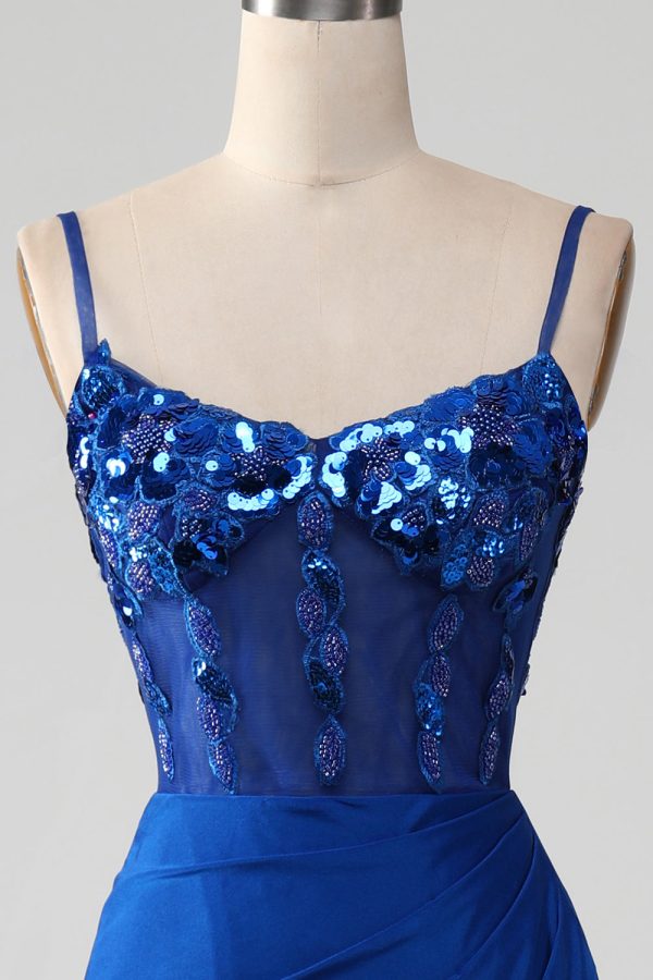 Beaded Royal Blue Corset Prom Dress with Slit Sale