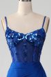 Beaded Royal Blue Corset Prom Dress with Slit Sale