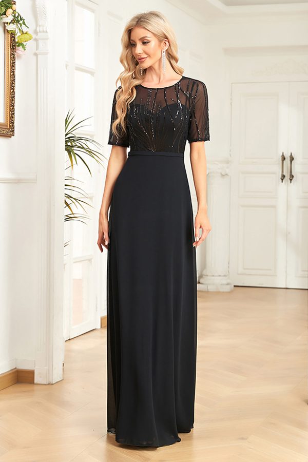 Black Chiffon Half Sleeves Round Neck Appliques A Line Mother of the Bride Dress For Discount