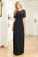 Black Chiffon Half Sleeves Round Neck Appliques A Line Mother of the Bride Dress For Discount