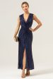 Sparkly Navy Sheath V-Neck Sequins Tea Length Prom Dress with Slit Online Hot Sale